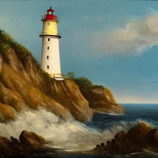 Prompt: painting of a lighthouse on the edge of a cliff overseeing a vast ocean, complex, detailed