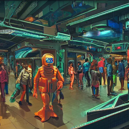 Image similar to highly detailed crowded used future shopping mall, robots humans and extraterrestrials, on a crowded space station, jim henson creature shop, 1 9 8 0 s science fiction, 1 9 7 0 s science fiction, alien 1 9 7 9, cyberpunk, 3 d oil painting, depth perception, 4 k, artstation