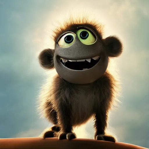 Image similar to a cute little monster with long fur, portrait, pixar style, clouds background, cinematic lighting, award winning creature portrait photography