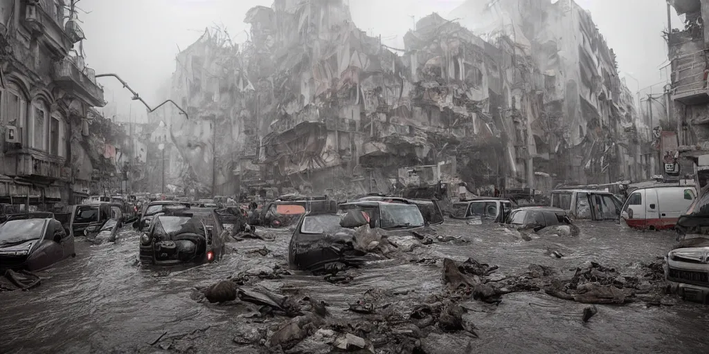 Prompt: post - apocalyptic depiction of the city of catania during flooding conditions by yoshitaka amano, wide angle camera