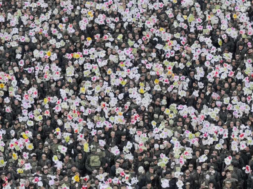 Image similar to military dictatorship with peace symbols, police state with flowers coming from mouth