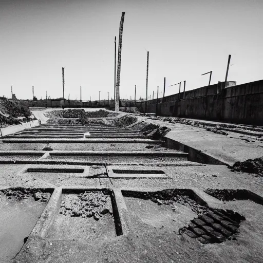 Image similar to a limbo world consisting of concrete uncanny brutalism and labyrinths of rubble and drainage grates, white sky, sand patches