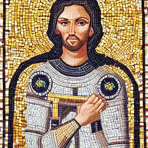 Prompt: realistic portrait of a crusader knight in a byzantine mosaic, perfect face, perfect eyes, very detailed, very realistic, elegant, top art, renowed artwork