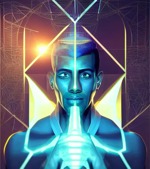 Image similar to symmetry!! egyptian prince of technology, solid cube of light, hard edges, product render retro - futuristic poster scifi, lasers and neon circuits, brown skin man egyptian prince, intricate, elegant, highly detailed, digital painting, artstation, concept art, smooth, sharp focus, illustration, dreamlike, art by artgerm