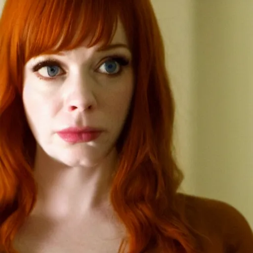 Image similar to a very surprised looking beautiful Christina Hendricks r in the living room, film still from the movie directed by Denis Villeneuve , wide lens