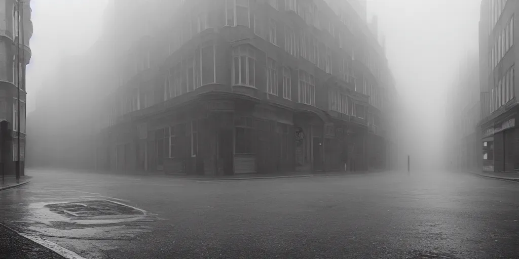 Prompt: parked car on deserted london street 1960, fog, rain, volumetric lighting, beautiful, golden hour, sharp focus, ultra detailed, cgsociety