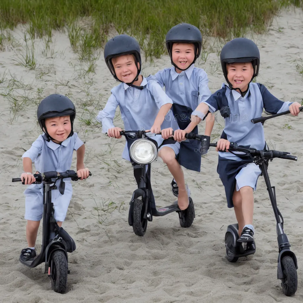 Image similar to very detailed stockphoto of two kids wearing a grey school uniform riding a scooter along the beach