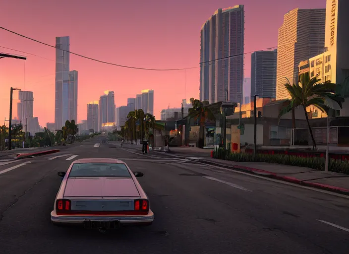 Image similar to still next - gen ps 5 game grand theft auto 6 2 0 2 4 remaster, graphics mods, rain, red sunset, people, rtx reflections, gta vi, miami, palms and miami buildings, photorealistic screenshot, unreal engine, 4 k, 5 0 mm bokeh, close - up furore gt, gta vice city remastered, artstation