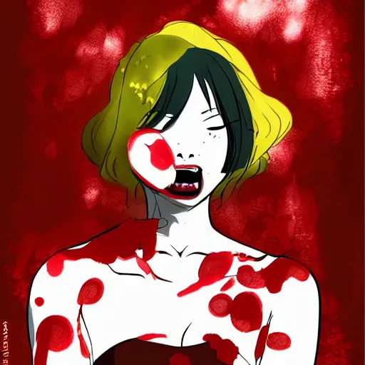 Prompt: a beautiful woman covered in blood smiling at the camera. Anime in the style of hisao shirai and Satoshi Kon. In the style of perfect blue