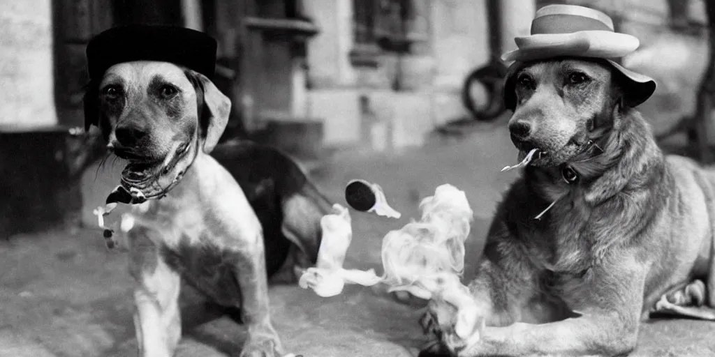 Prompt: pink dog wearing a fedora and smoking a cigar in 1 9 3 0 s france