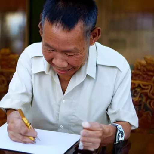 Prompt: a photo of thai warlord think to write something on his tablet in his hand. he is smiling with his ideas