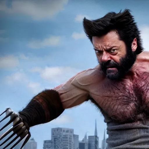 Image similar to logan wolverine with 3 claws released from his wrist as nick offerman, photorealistic mervel movie still, detailed, 8 k, digital art