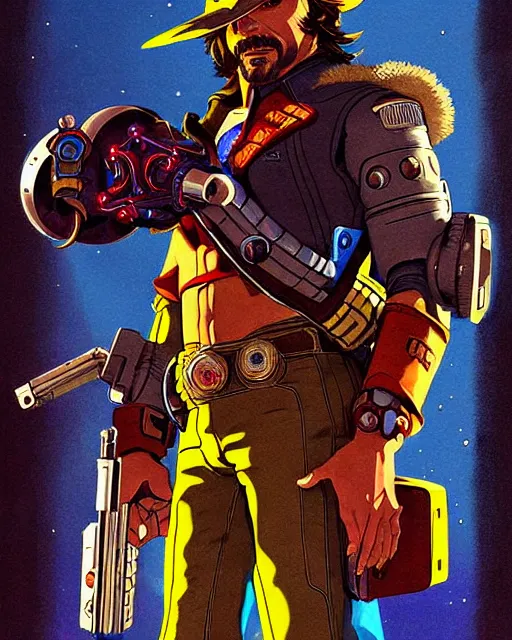 Prompt: mccree from overwatch, cyber space cowboy, outter space, cyber armor, character portrait, portrait, close up, concept art, intricate details, highly detailed, vintage sci - fi poster, retro future, vintage sci - fi art, in the style of chris foss, rodger dean, moebius, michael whelan, and gustave dore