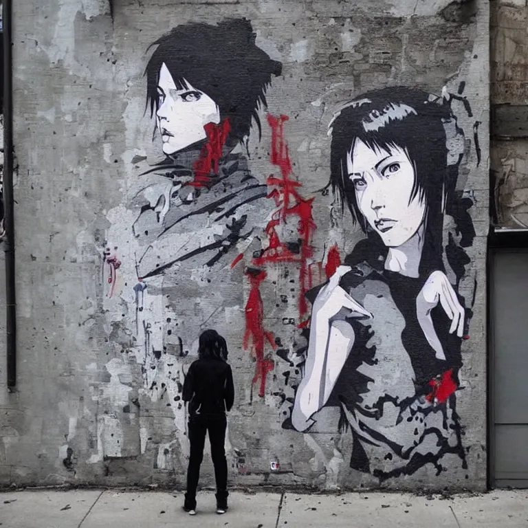 Prompt: Street-art painting of ghost in the shell is style of Banksy, photorealism