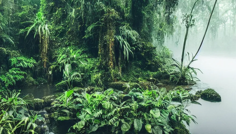 Image similar to a rainy foggy jungle, river with low hanging plants, there is a giant christal in the water, it is glowing, great photography, ambient light