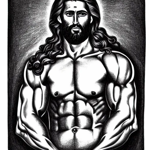 Prompt: gigachad benediction, gigachad jesus, muscles, pointing to heaven, pencil art, holy iconography