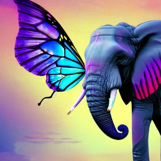 Prompt: elephant with colorful butterfly wing ears, deviantart, artstation, beautiful digital paining, cinema