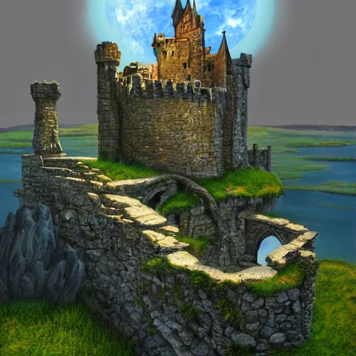 Prompt: a photorealistic painting of an old stone Castle in the sky, Zbrush, artwork by artgerm, a detailed painting by Ansel Adams, vampire bats, lake, Luminescent, Bismuth, Daz 3D, behance contest winner, fantasy art, matte painting, matte drawing, storybook illustration