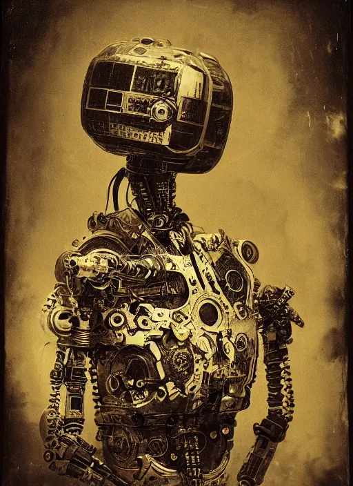 Image similar to old wetplate daguerreotype portrait of futuristic robot, explosion of data fragments, fractal, intricate, elegant, highly detailed, parallax, leica, medium format, subsurface scattering, by jheronimus bosch and greg rutkowski and louis jacques mande daguerre