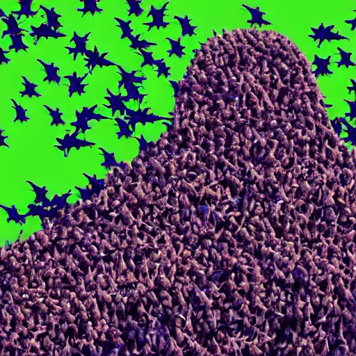 Image similar to swarm of bats in the shape of a woman, high resolution photograph, dawn light