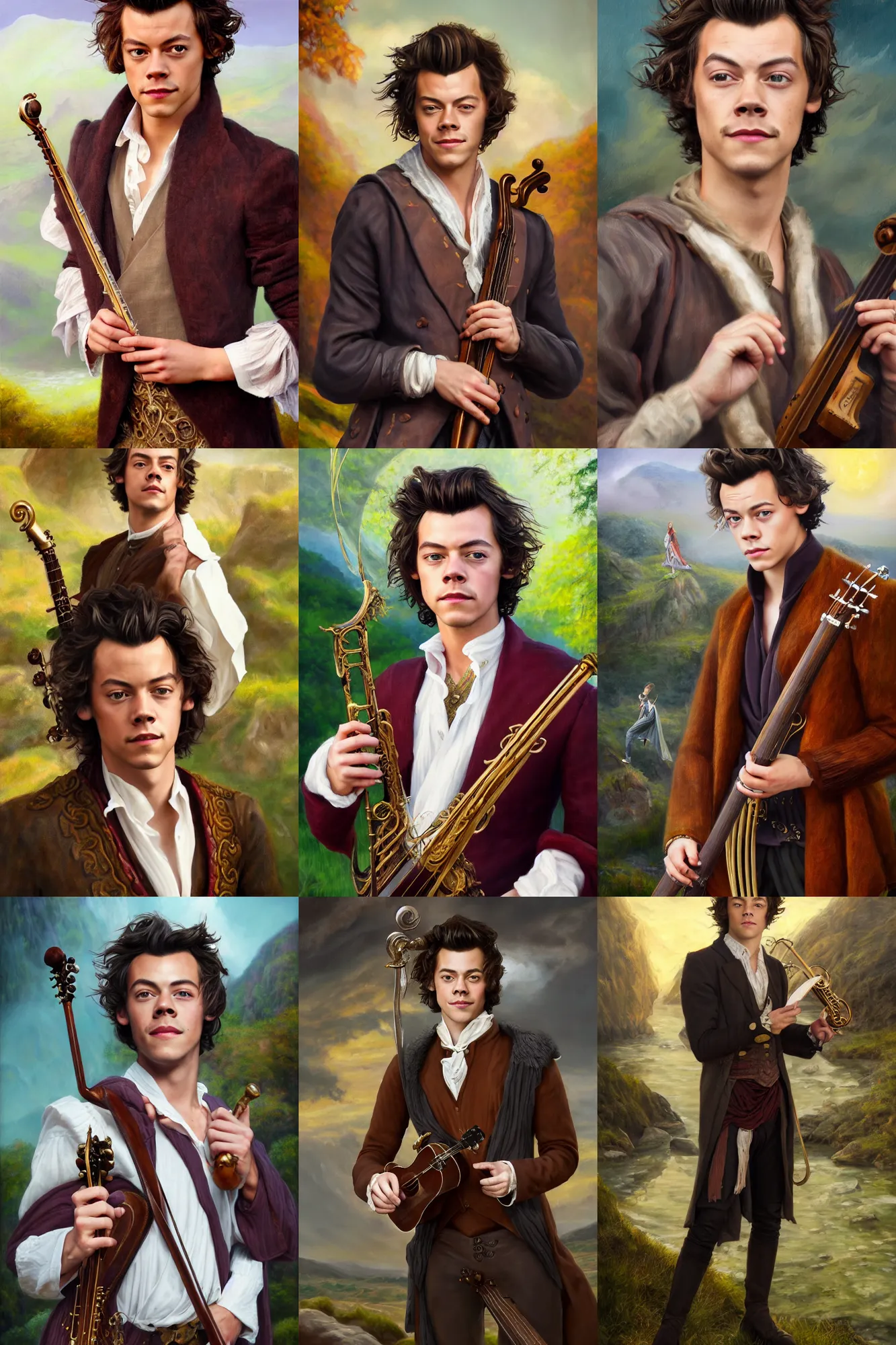 Image similar to a full body high detail fantasy portrait oil painting illustration of harry styles as elegant male bard by justin sweet with face and body clearly visible, in a scenic background, pupils visible, realistic proportions, d & d, rpg, forgotten realms, artstation trending, high quality, sombre mood, artstation trending, muted colours, entire person visible!