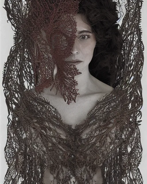 Image similar to a woman's face entwined in a coral reef, made of intricate decorative lace leaf skeleton, in the style of the dutch masters and gregory crewdson, dark and moody