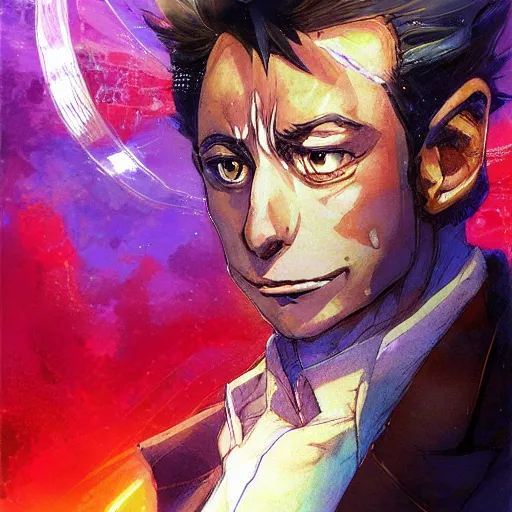 Prompt: An anime portrait of Nicolas Sarkozy, by Stanley Artgerm Lau, WLOP, Rossdraws, James Jean, Andrei Riabovitchev, Marc Simonetti, and Sakimichan, tranding on artstation with a blend of manga-style art, augmented with vibrant composition and color, all filtered through a cybernetic lens, studio lighting, lit by flashing pixel light