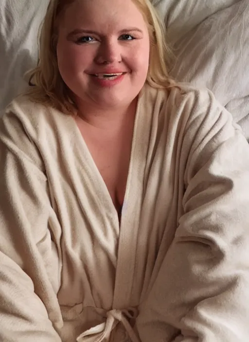 Prompt: homely but adorable blonde woman, slightly chubby, scar across left cheek, wearyworn but optimistic expression, wearing beige pajamas and robes