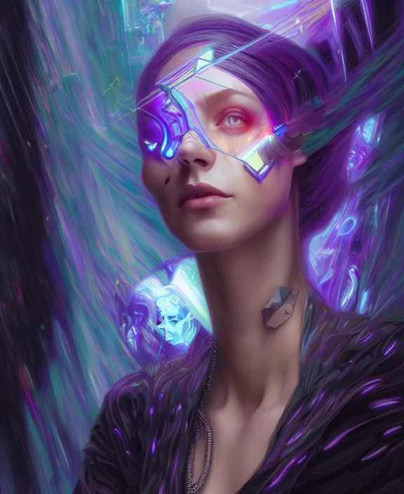 Image similar to a whirlwind of souls rushing inside the metaverse, hologram, half body, neurochip, shaved temple, piercing, jewelry, android, cyborg, cyberpunk face, by loish, d & d, fantasy, intricate, elegant, highly detailed, colorful, digital painting, artstation, concept art, art by artgerm and greg rutkowski and alphonse mucha