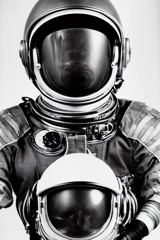 Image similar to extremely detailed studio portrait of space astronaut, alien tentacle protruding from eyes and mouth, slimy tentacle breaking through helmet visor, shattered visor, full body, soft light, plain studio background, disturbing, shocking realization, award winning photo by yousuf karsh