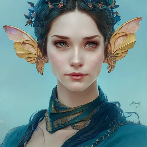 Image similar to portrait of faerie queen, elegant, intricate, headshot, blue sky background, highly detailed, digital painting, artstation, concept art, sharp focus, illustration, art by artgerm and greg rutkowski and alphonse mucha h 7 6 8