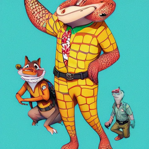 Image similar to in the style of artgerm, loish, anthropomorphic alligator, red scales on his back, yellow scale on his belly and chest, male, waring a hawaiian shirt, in the style of zootopia