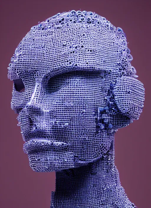 Image similar to a fashion portrait photograph of a robot head art directed by Alexander McQueen, blue color palette, 35mm, pentax, studio lighting