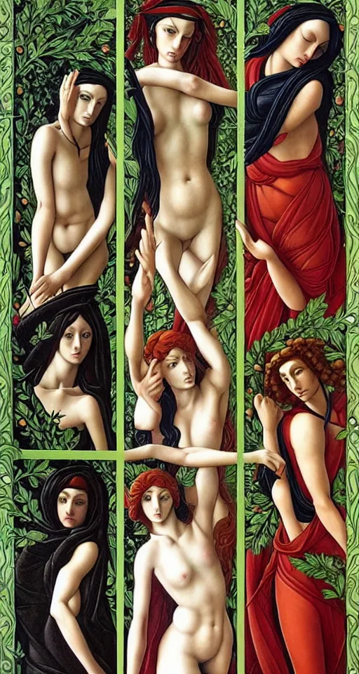 Image similar to 12 figures, representing the 4 seasons, (3 are Winter, 3 are Spring, 3 are Summer and 3 are Autumn), in a mixed style of Botticelli and Æon Flux!!, inspired by pre-raphaelite paintings, and cyberpunk!!!, stunningly detailed, stunning inking lines, flat colors, 4K photorealistic