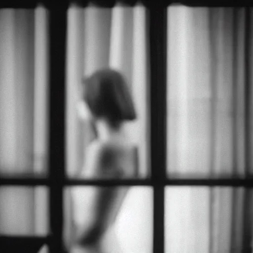 Image similar to black and white photograph portrait of a depressed woman standing by the window, natural light, lomo, film grain, soft vignette, sigma 85mm f/1.4 1/10 sec shutter