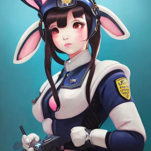 Image similar to Stunning Portrait of Bunny Ears D.VA from Overwatch wearing a police uniform by Kim Jung Gi, holding handcuffs in one hand Blizzard Concept Art Studio Ghibli. oil paint. 4k. by brom, Pixiv cute anime girl wearing police gear by Ross Tran, Greg Rutkowski, Mark Arian, soft render, octane, highly detailed painting, artstation