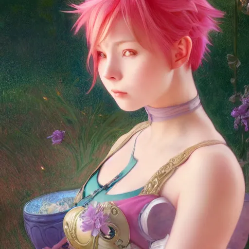 Image similar to VI from League of Legends with short pink hair drawn by Donato Giancola and Makoto Shinkai, Edmund Leighton, Alphonse Mucha, background by James Jean and Gustav Klimt, 4k, Arcane animated Series, porcelain skin, volumetric lighting, komorebi, french nouveau, trending on artstation, octane render, hyperrealistic