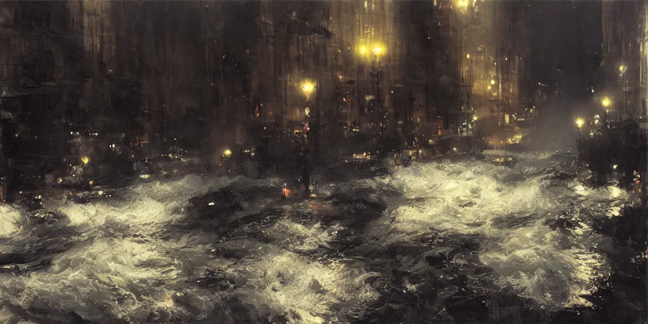 Prompt: street level view of turbulent river rapids rushing through a city at night , by Jeremy Mann