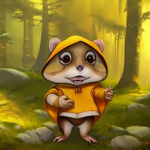 Image similar to concept art painting of an anthropomorphic chipmunk wearing a yellow cloak, holding a lantern, in the deep forest, realistic, detailed, cel shaded, in the style of makoto shinkai and greg rutkowski and james gurney