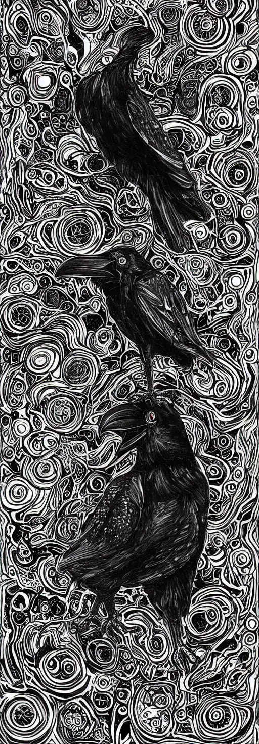 Prompt: psychedelic, monochrome artwork!!, of a raven and raven combined, in front of an owl that is a window into the ocean, by didier comes, graphic novel art,