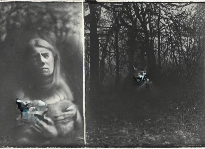 Prompt: sinister black and white old photography of a angry woman with a cat in the woods. daguerreotype photo