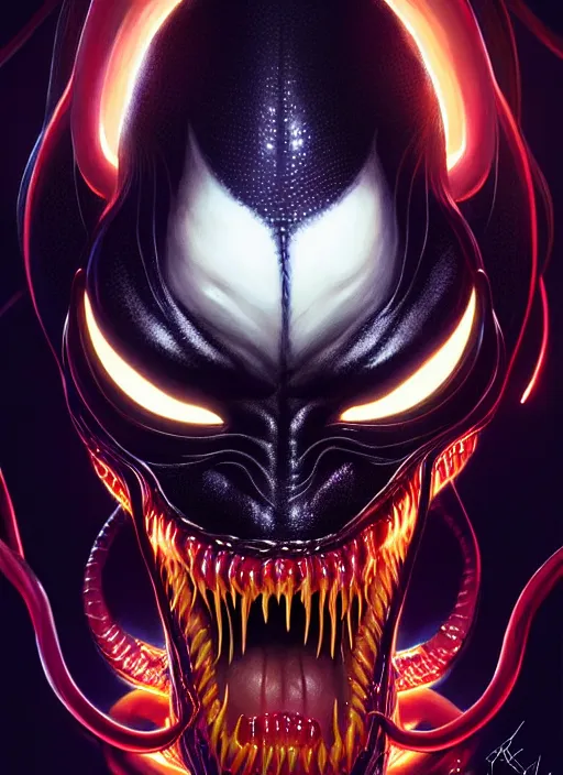 Image similar to portrait of venom, intricate, elegant, glowing lights, highly detailed, digital painting, artstation, glamor pose, concept art, smooth, sharp focus, illustration, art by artgerm and greg rutkowski, artey freytag