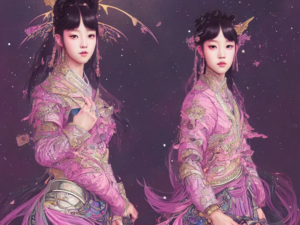 Prompt: portrait jisoo blackpink, wearings samurai colorpunk armor, in temple firefly stormy sparkles night, ssci - fi and fantasy, intricate and very very beautiful and elegant, highly detailed, digital painting, artstation, concept art, smooth and sharp focus, illustration, art by tian zi and wlop and alphonse mucha
