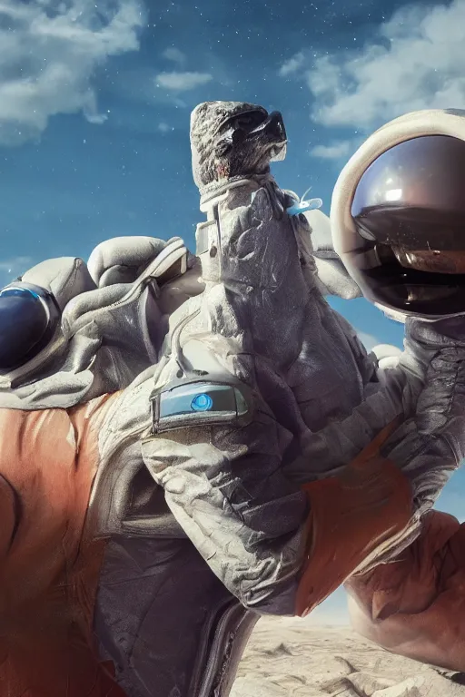 Image similar to a lonely chicken wearing a space suit without helmet in a alien planet, profile picture, digital art, concept art, trending on DeviantArt, highly detailed, high quality, 4K, cartoon, high coherence, path traced, blue sky in the background, octane render, digital painting, no helmet, masterpiece, anatomically correct, hyperrealistic