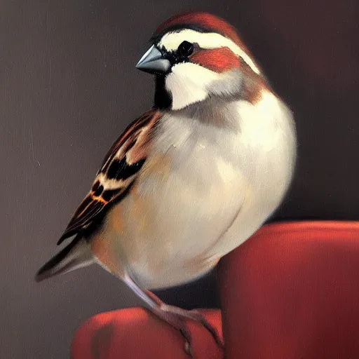 Image similar to an oil painting of a sparrow perched on a chair, highly detailed, oleo, artstation, sharp focus, by diego velazquez