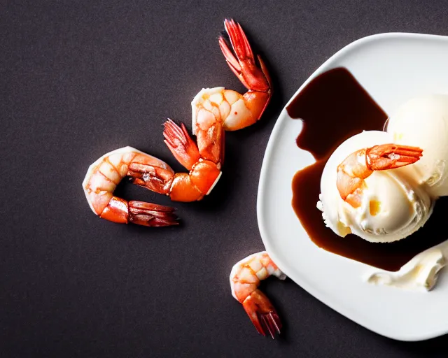 Image similar to dslr food photograph of vanilla ice cream with shrimp on, some chocolate sauce, 8 5 mm f 1. 4