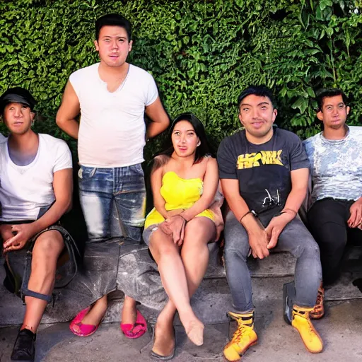 Prompt: one mexican woman 2 4 years old, one chinese man, one romanian man, one mexican man, one light skin black man, hanging out in a backyard in the city, peaking on mdma, actual photo