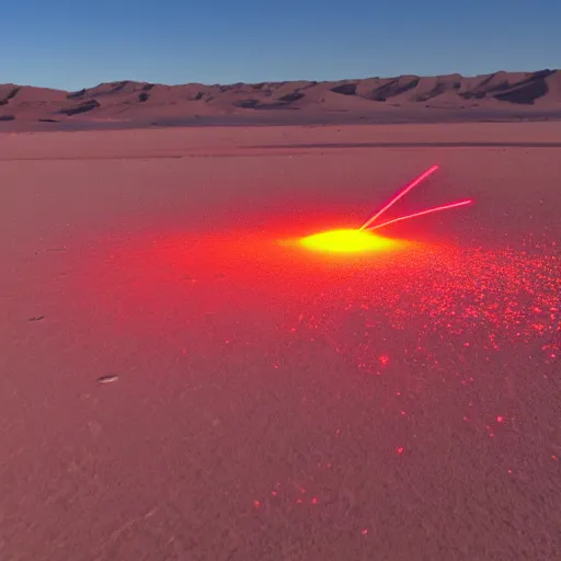 Prompt: a photograph of a ufo shooting destructive red laser on a desert at night