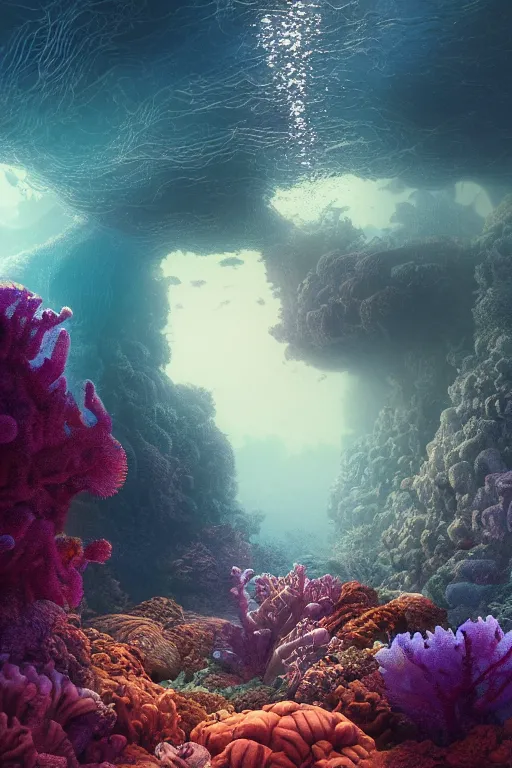Prompt: Deep beneath the rolling waves, in labyrinths of coral caves. Underwater scene, by thomas kinkade, Albert Bierdstat and beeple, digital art, 8k, fine details, trending on artstation.
