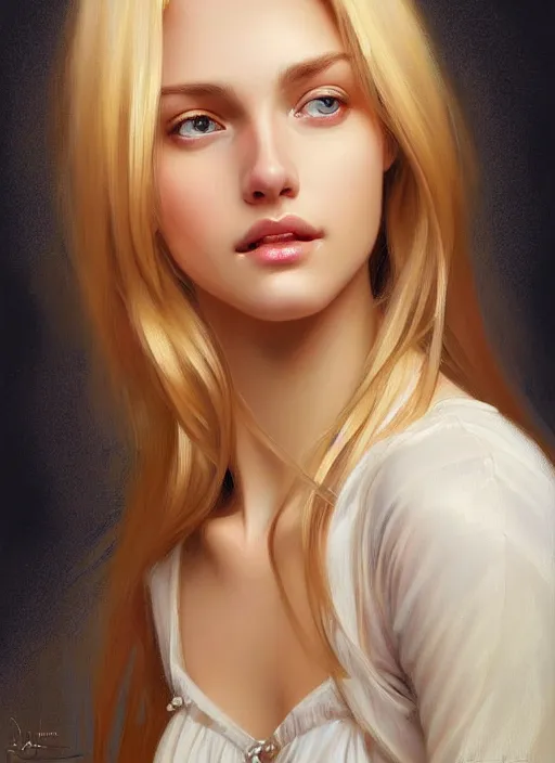 Prompt: beautiful feminine face!! portrait of young wife blessed by god with ever - increasing physical mental perfection, blonde, symmetrical!! intricate, sensual features, highly detailed, divine holy perfection!! smile, digital painting, artstation, concept art, smooth, sharp focus, illustration, art by artgerm and greg rutkowski and alphonse mucha